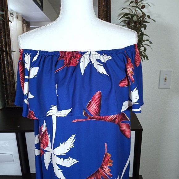 Promesa Blue and Red Floral Off-Shoulder Dress - Picture 3 of 8